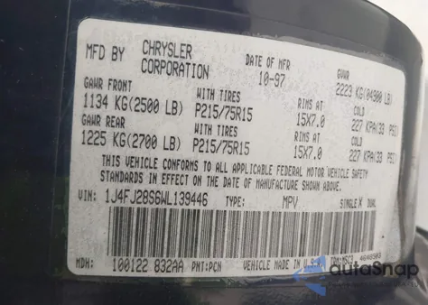 1998 Jeep Cherokee Se z USA, uszkodzony, nr VIN 1J4FJ28S6WL139446